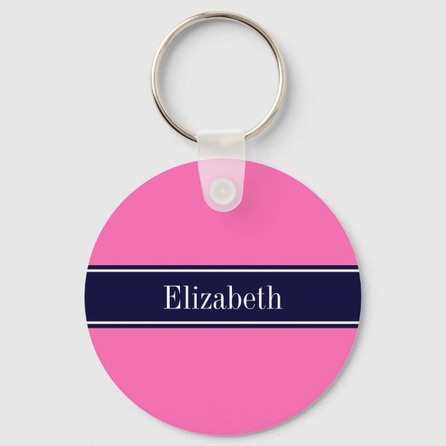 Solid Hot Pink #2, Navy Blue Ribbon Name Monogram Schlüsselanhänger (Vorderseite)