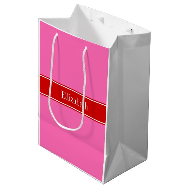 Solid Hot Pink #2 Red Rbn Name Monogram Mittlere Geschenktüte (Vorderseite Schrägansicht)