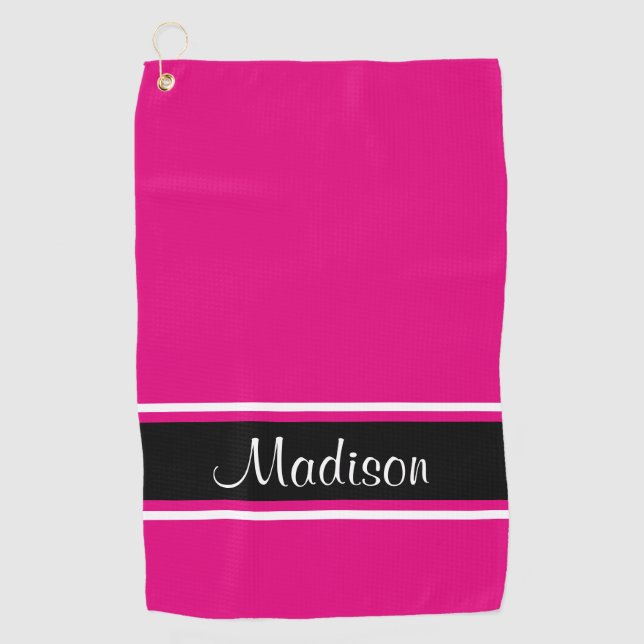Solid Hot Pink Black Strip Skriptname Golfhandtuch (Vorderseite)