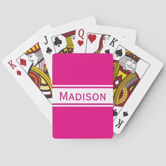 Solid Hot Pink White Stripes Moderner Name Spielkarten (Rückseite)