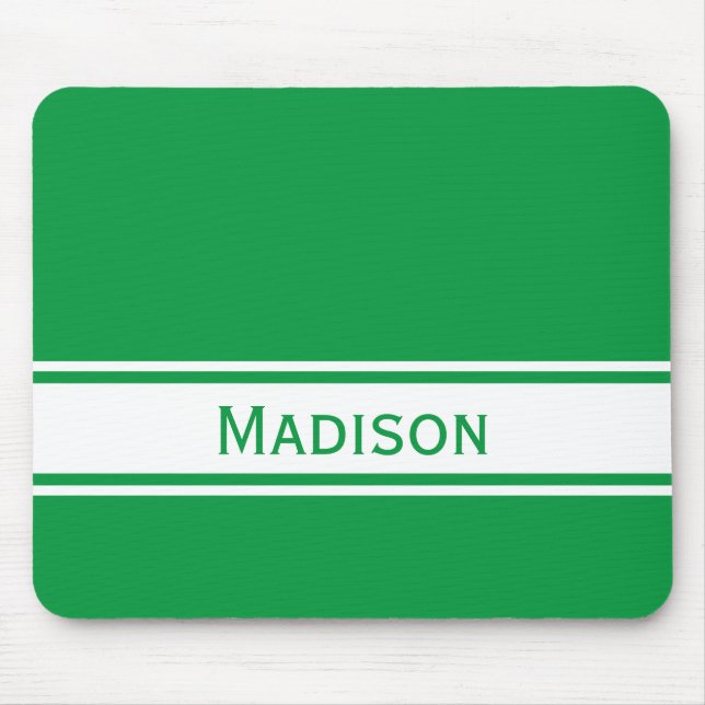 Solid Kelly Green White Stripes Moderner Name Mousepad (Vorne)