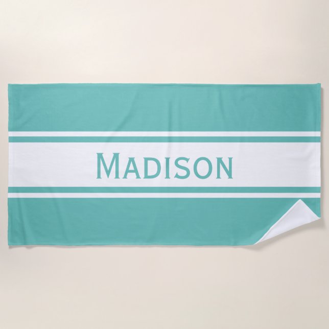 Solid Light Aquamarin White Stripes Moderner Name Strandtuch (Vorderseite)