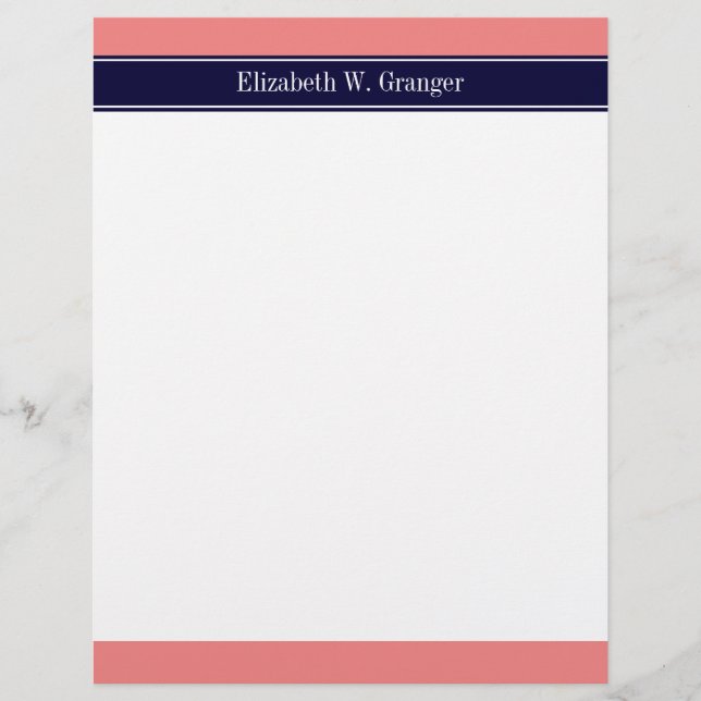 Solid Light Coral, Navy Blue Ribbon Name Monogram (Vorderseite)
