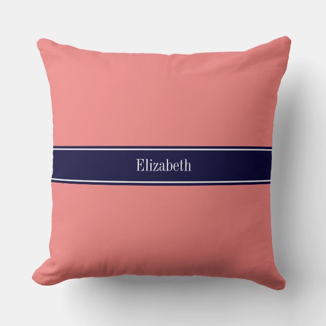 Solid Light Coral, Navy Blue Ribbon Name Monogram Kissen (Vorderseite)