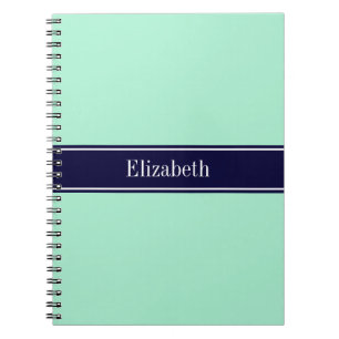 Solid Light Mint, Navy Blue Ribbon Name Monogram Notizblock