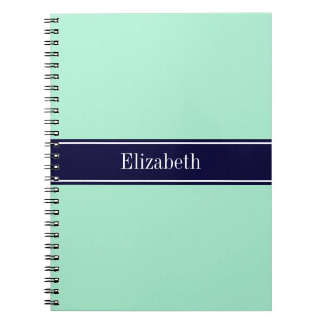 Solid Light Mint, Navy Blue Ribbon Name Monogram Notizblock (Vorderseite)