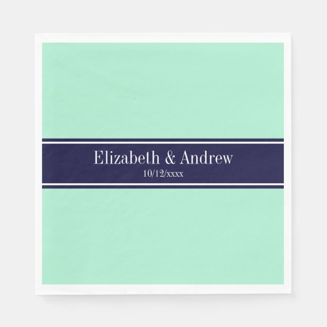 Solid Light Mint, Navy Blue Ribbon Name Monogram Serviette (Vorderseite)