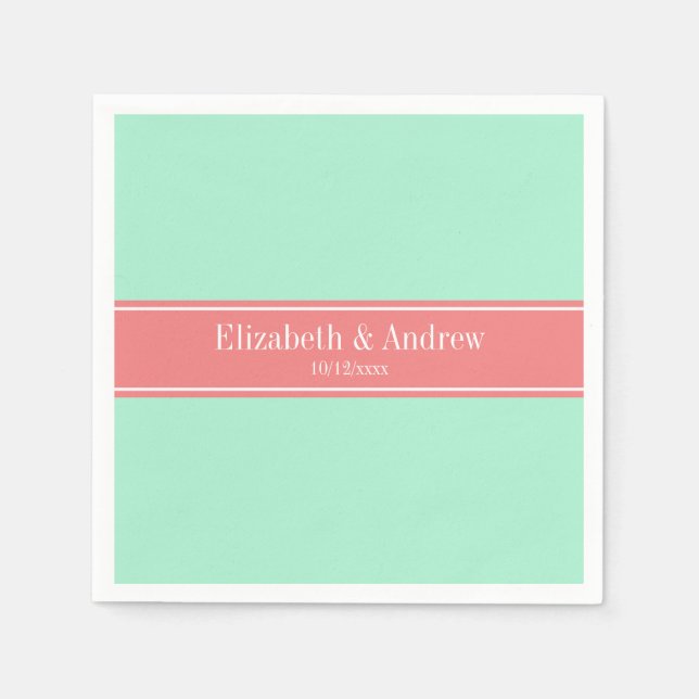 Solid Lt Mint, Lt Coral Ribbon Name Monogramm Serviette (Vorderseite)