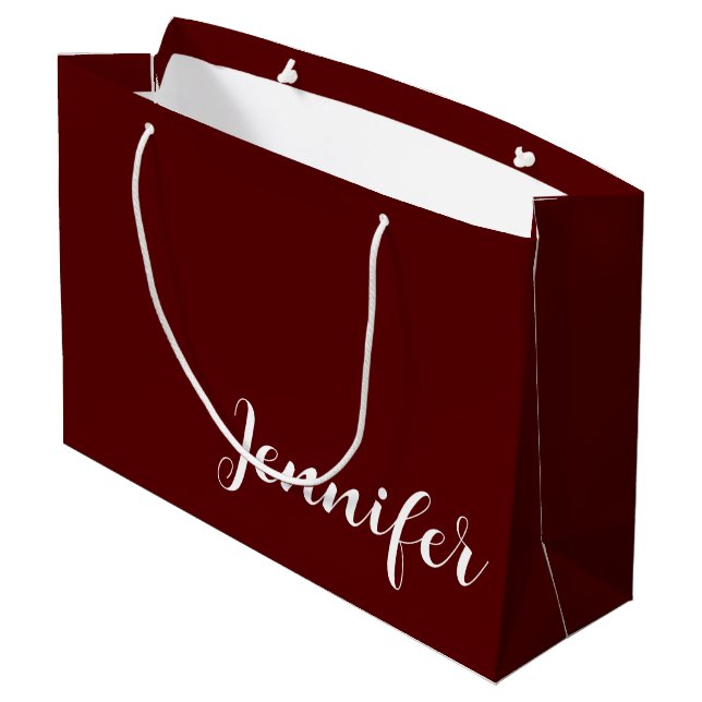 Solid Maroon Large Gift Bag with Custom Name Große Geschenktüte (Rückseite Schrägansicht)