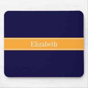 Solid Navy Blue, Cantaloupe Ribbon Name Monogram Mousepad