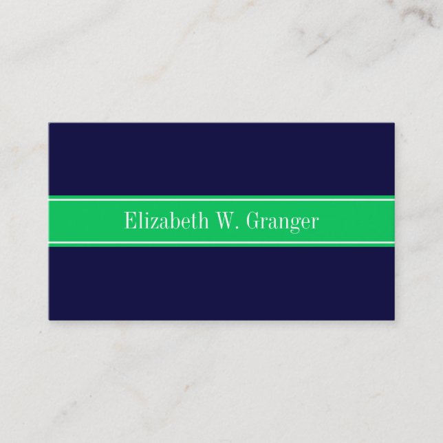 Solid Navy Blue Emerald Green Ribbon Name Monogram Visitenkarte (Vorderseite)
