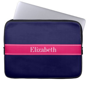 Solid Navy Blue, Raspberry Ribbon Name Monogram Laptopschutzhülle