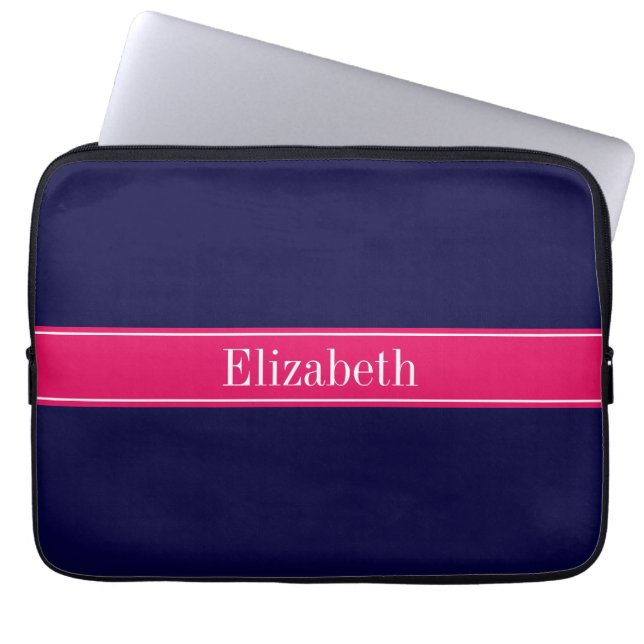 Solid Navy Blue, Raspberry Ribbon Name Monogram Laptopschutzhülle (Vorderseite)