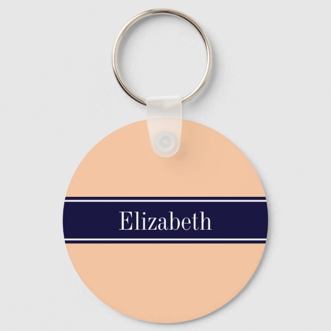Solid Peach, Navy Blue Ribbon Name Monogram Schlüsselanhänger (Vorderseite)