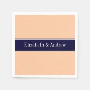 Solid Peach, Navy Blue Ribbon Name Monogram Serviette