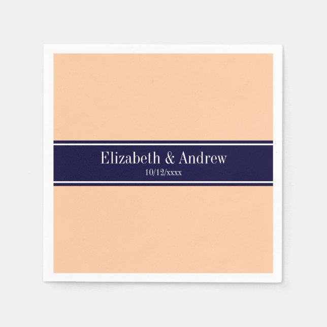 Solid Peach, Navy Blue Ribbon Name Monogram Serviette (Vorderseite)