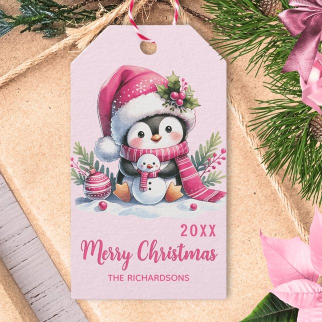 Solid Pink Frohe Weihnachten Niedlich Pinguin Cust Geschenkanhänger (Von Creator hochgeladen)
