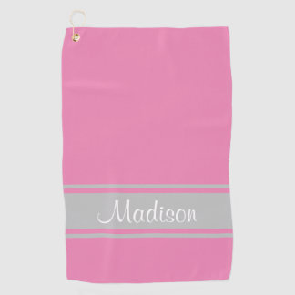 Solid Pink Gray Stripes Script Name Golfhandtuch