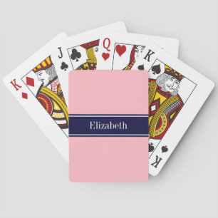 Solid Pink, Navy Blue Ribbon Name Monogram Spielkarten