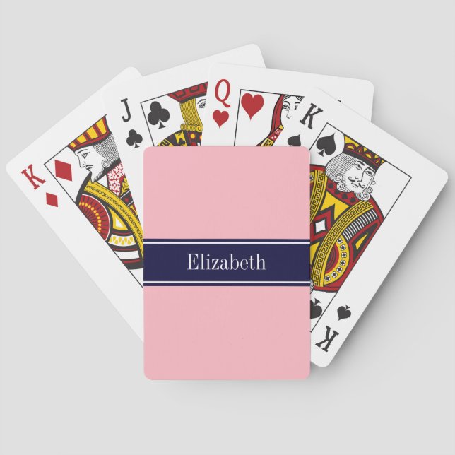 Solid Pink, Navy Blue Ribbon Name Monogram Spielkarten (Rückseite)