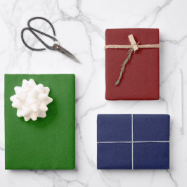 SOLID RED BLUE GREEN LINEN SEHEN PATTER GESCHENKPAPIER SET