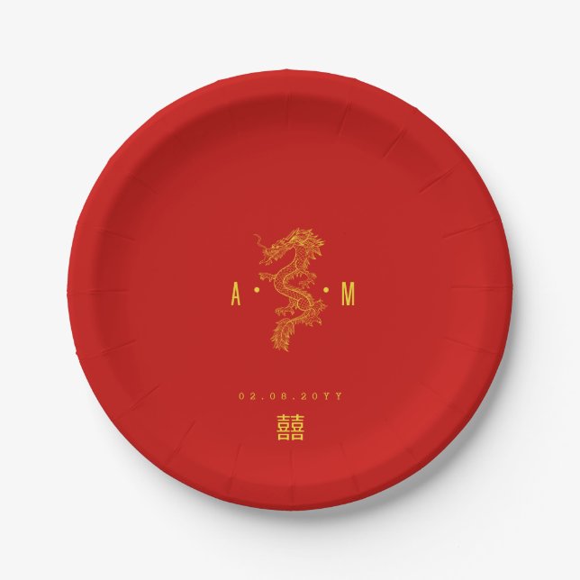 Solid Red | Doppel-Happy-Dragon-Monogramm Pappteller (Vorderseite)