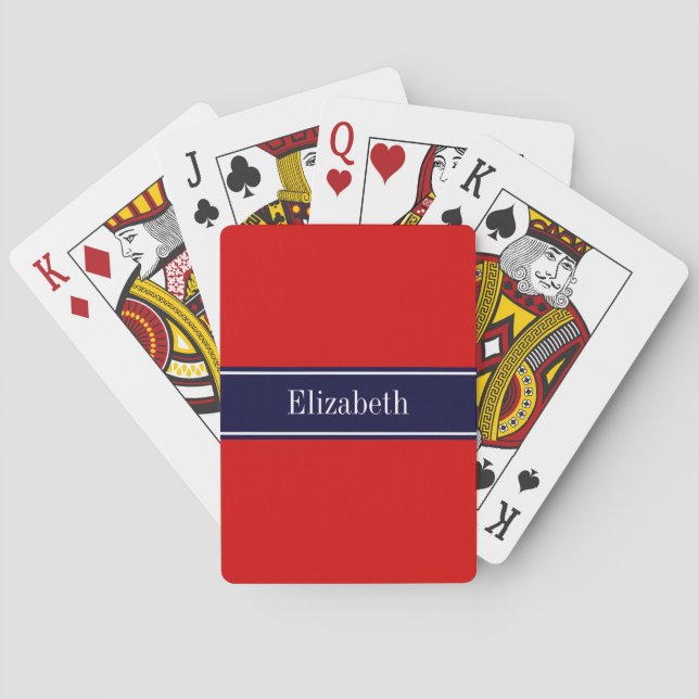Solid Red, Navy Blue Ribbon Name Monogram Spielkarten (Rückseite)