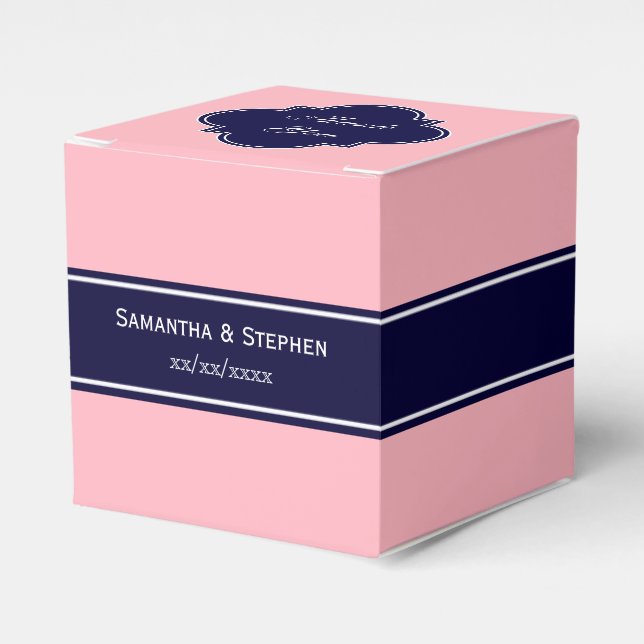 Solid rosa, Navy Blue Ribbon Name Monogram Geschenkschachtel (Vorderseite)