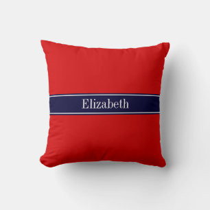 Solides Rot, Namensmonogramm mit Marineblauem Band Kissen