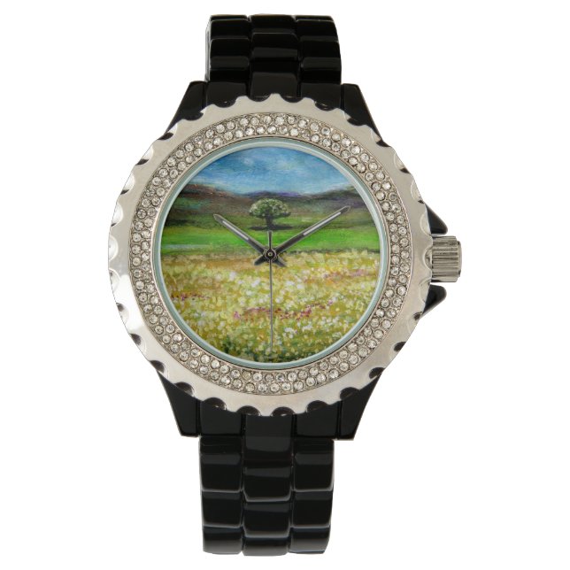 SOLITÄRISCHER BAUM IM FELD DER GRÜNGELBEN BLUME ARMBANDUHR (Vorderseite)