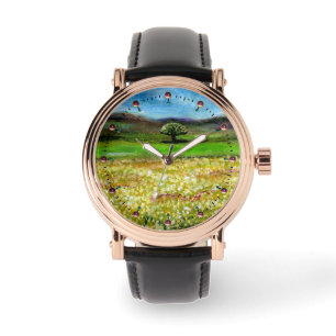 SOLITÄRISCHER BAUM IM FELD DER GRÜNGELBEN BLUME ARMBANDUHR