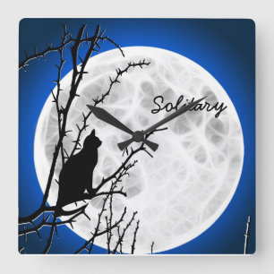 Solitary Black Cat Full Moon Quadratische Wanduhr