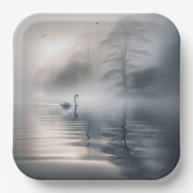 Solitary Swan on Mistral Morning Pappteller (Vorderseite)