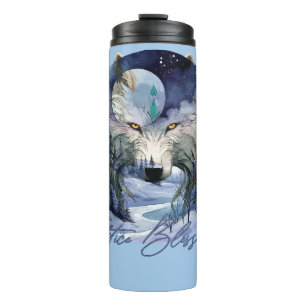 Solstice Segnungen Winter Wolf Mondlicht Woods Thermosbecher