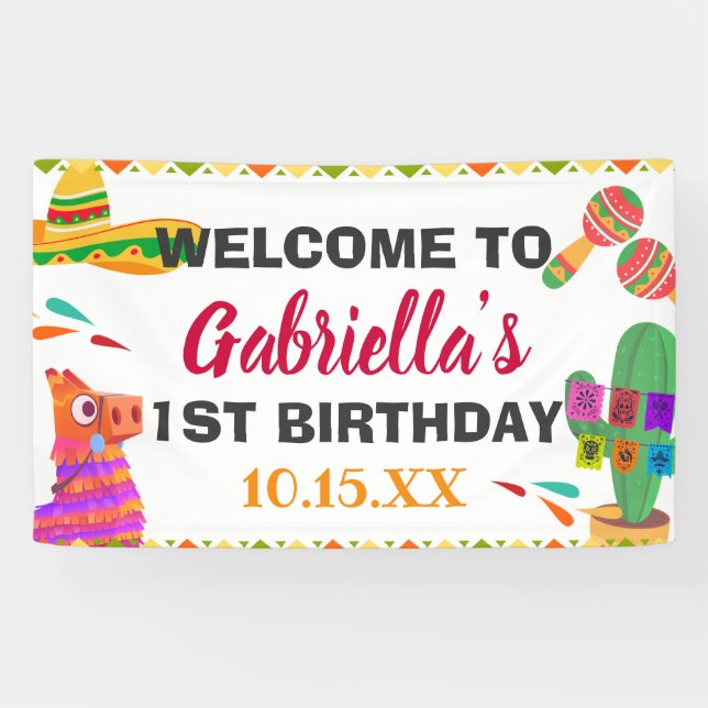 Sombrero Llama Mexican Style Fiesta Erster Geburts Banner (Horizontal)