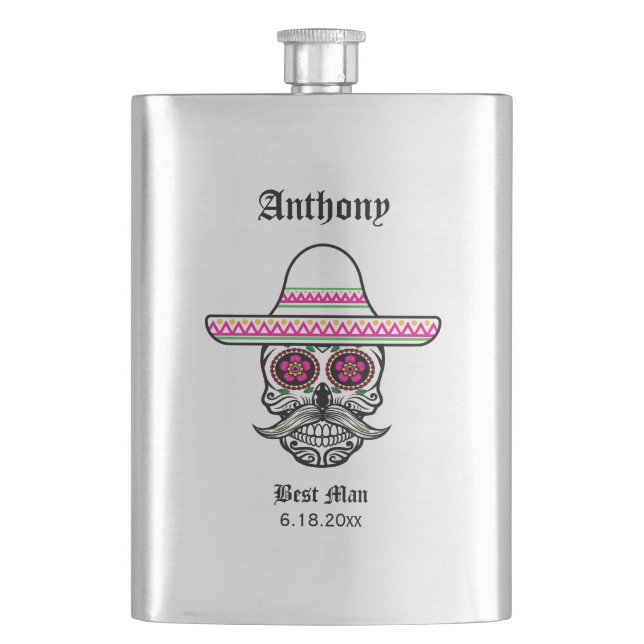 Sombrero-Zuckerschädel| Trauzeuge Hochzeitsgeschen Flachmann (Vorderseite)