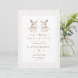 Some Bunnies Are On The Way Pink Bow Twin shower Einladung