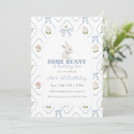 Some Bunny Blue Floral Stripe 1st Birthday Einladung