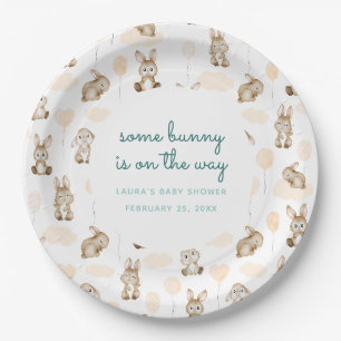 Some Bunny Is On The Way Blaues Babyshower Pappteller