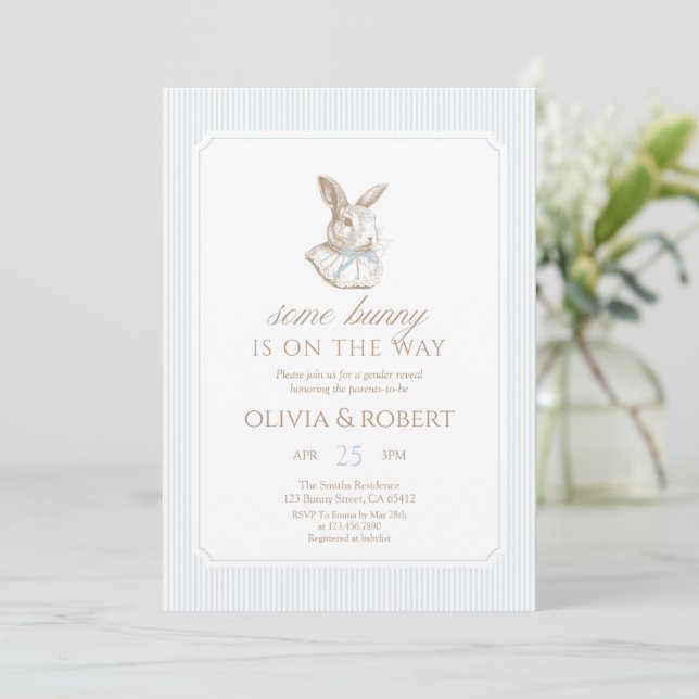 Some Bunny Is On The Way Blue Bow Baby Shower Einladung (Stehend Vorderseite)