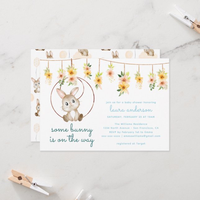 Some Bunny Is On The Way Boho Rabbit Baby Shower Einladung (Vorderseite/Rückseite Beispiel)