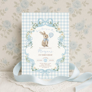Some Bunny is One Blaues Schleifen-Gingham 1. Gebu Einladung