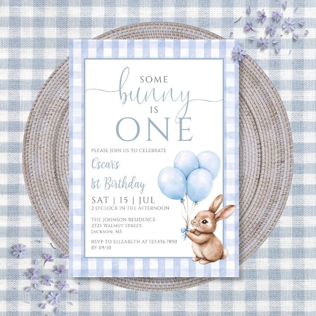 Some Bunny Is One Blue Balloons 1st Birthday Party Einladung (Some Bunny Is One Blue Balloons 1st Birthday Party Invitation)