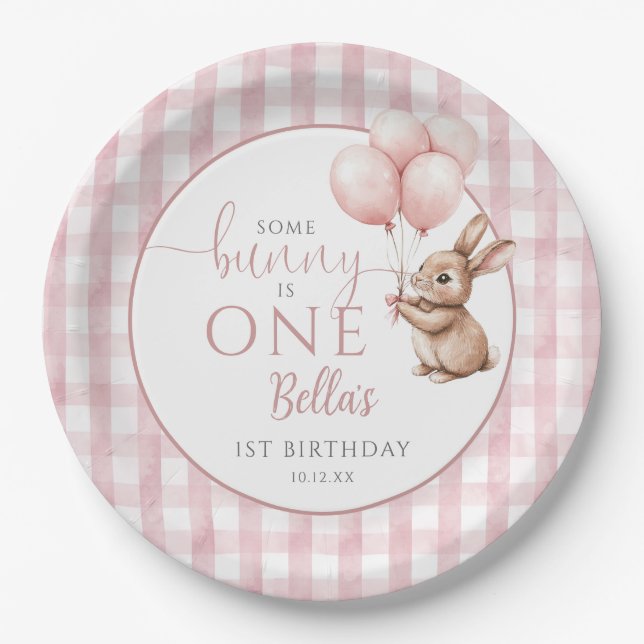 Some Bunny Is One Pink Balloons 1st Birthday Pappteller (Vorderseite)