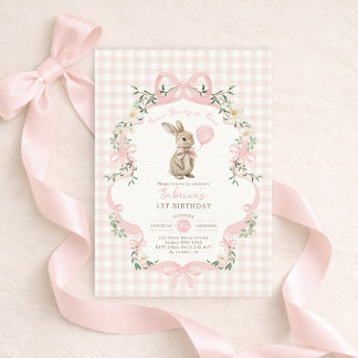 Some Bunny is One Rosa Schleife Gingham 1. Geburts Einladung