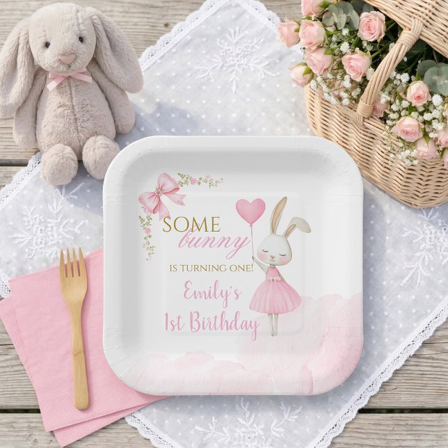 Some Bunny is Turning One 1st Birthday, Pink Bow Pappteller (Some Bunny is Turning One Paper Plates. High-quality bunny 1st birthday floral dinnerware.)