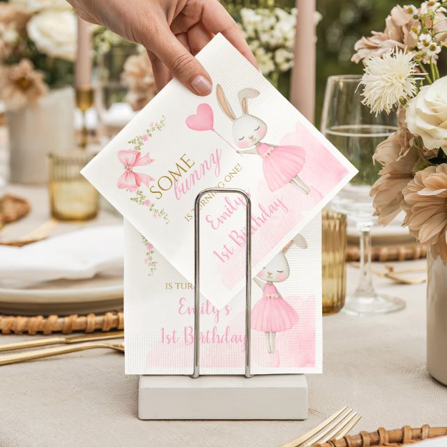 Some Bunny is Turning One 1st Birthday, pink bow  Serviette (Bunny 1st Birthday Paper Napkins. Some Bunny is Turning One elegant pink floral party supplies.)