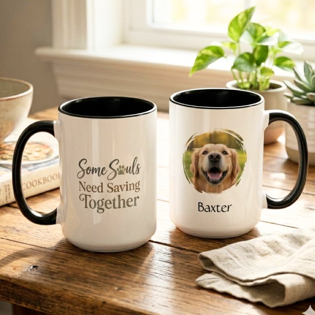 Some Souls Need Saving Together Tierrettung Tasse (A black handled mug for a pet foster mom to enjoy while celebrating a successful adoption.)