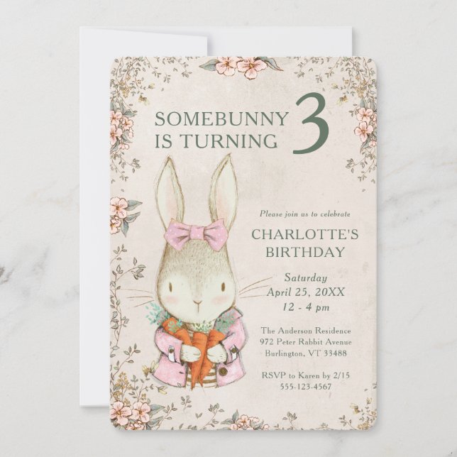 Somebunny wird drei 3. Geburtstagseinladung Einladung (Vorderseite)