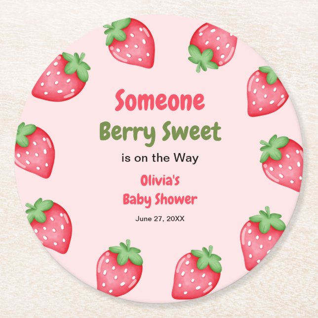 Someone Berry Sweet Pink Strawberry Baby Shower   Runder Pappuntersetzer (Vorderseite)